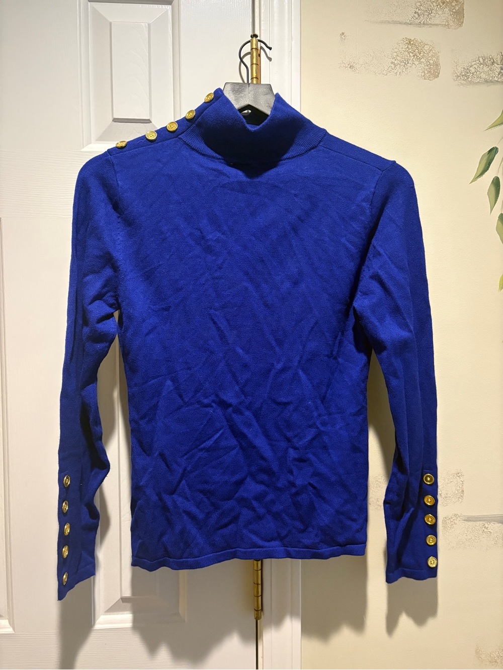 Cielo Royal Blue Turtleneck Sweater with Gold Button Detail
